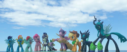 Size: 1280x529 | Tagged: safe, artist:dingopatagonico, imported from derpibooru, applejack, pinkie pie, queen chrysalis, rainbow dash, shining armor, soarin', spike, spitfire, twilight sparkle, alicorn, changeling, earth pony, pegasus, unicorn, guardians of harmony, photo, toy, twilight sparkle (alicorn)