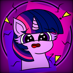 Size: 3000x3000 | Tagged: safe, artist:msbluejune, imported from derpibooru, twilight sparkle, pony, unicorn, abstract background, colored, colored background, dark, dark background, exclamation point, scared, solo, unicorn twilight
