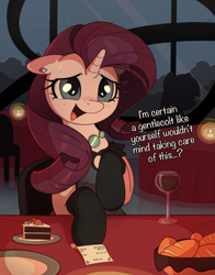 Size: 3917x5000 | Tagged: safe, artist:nookprint, imported from derpibooru, rarity, pony, unicorn, absurd resolution, adventure in the comments, alcohol, bill, bread, cake, cake slice, candle, clothes, date, dialogue, dress, ear piercing, earring, evening gloves, female, floppy ears, food, glass, gloves, grin, horn, irony, jewelry, long gloves, mare, mathematics in the comments, nervous, nervous grin, nervous sweat, offscreen character, open mouth, open smile, piercing, pov, restaurant, sitting, sitting at table, smiling, stockings, sweat, sweatdrop, talking, talking to viewer, thigh highs, wine, wine glass