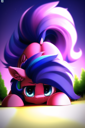 Size: 512x768 | Tagged: safe, editor:giantpony, imported from derpibooru, firefly, pegasus, pony, my little pony 'n friends, rescue at midnight castle, ai content, ai generated, alternate universe, big pony, butt, cute, daaaaaaaaaaaw, embarrassed, face down ass up, farm, female, flyabetes, g1, g4 style, generator:novelai, giant pegasus, implied megan williams, leaning down, looking at you, looming, low angle, plot, sad eyes, simple background, solo, sorry, story included, tail, wide hips