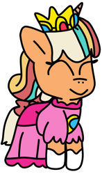 Size: 570x970 | Tagged: safe, artist:jadeharmony, imported from derpibooru, pony, unicorn, clothes, cosplay, costume, crossover, crown, dress, female, filly, foal, g5, hoof gloves, jewelry, name pun, namesake, peach fizz, pippsqueaks, princess peach, pun, regalia, simple background, solo, super mario bros., transparent background, visual pun