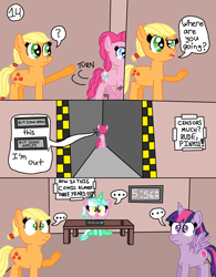 Size: 2550x3271 | Tagged: safe, artist:alyssafire, artist:nightshadowmlp, imported from derpibooru, applejack, lyra heartstrings, pinkie pie, twilight sparkle, alicorn, earth pony, unicorn, comic:five am at pinkie's: the prequel, ..., buy some apples, censored, clock, comic, digital clock, female, hatless, mare, missing accessory, shocked, signs, spread wings, twilight sparkle (alicorn), wearing a mask, wings