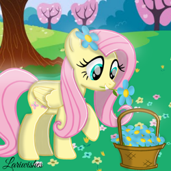 Size: 1000x1000 | Tagged: safe, artist:mlplary6, imported from derpibooru, fluttershy, pegasus, pony, basket, cute, female, flower, flower in hair, mare, shyabetes, tree