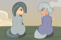 Size: 3236x2134 | Tagged: safe, artist:badumsquish, derpibooru exclusive, imported from derpibooru, limestone pie, marble pie, earth pony, human head pony, monster pony, original species, pony, butt, cursed image, duo, female, frown, glare, looking at you, looking back, looking back at you, my horse prince, plot, show accurate, sitting, sky, smiling, species swap, tardy the man pony, unamused, varying degrees of want, wat