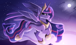 Size: 2500x1500 | Tagged: safe, artist:starcasteclipse, imported from derpibooru, twilight sparkle, alicorn, pony, concave belly, crown, ethereal mane, female, flying, hoof shoes, jewelry, mare, moon, peytral, regalia, slim, smiling, solo, starry mane, starry tail, tail, twilight sparkle (alicorn), wings