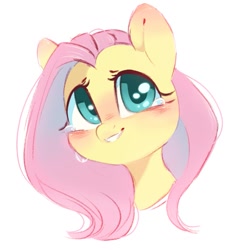 Size: 965x1038 | Tagged: safe, artist:melodylibris, imported from derpibooru, fluttershy, pegasus, pony, blushing, bust, crying, cute, ear blush, female, grin, looking at you, mare, portrait, shyabetes, simple background, smiling, smiling at you, solo, tears of joy, teary eyes, three quarter view, white background