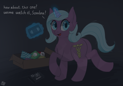 Size: 2025x1427 | Tagged: safe, artist:nyrikiri, derpibooru exclusive, idw, imported from derpibooru, radiant hope, crystal pony, pony, unicorn, box, butt, compact cassette, female, high res, implied king sombra, mare, night, plot, solo, the crystal empire 10th anniversary, vhs