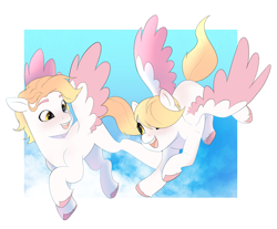Size: 2282x1890 | Tagged: safe, artist:aztrial, imported from derpibooru, pegasus, pony, background pony, cloud, flying, g5, hair over one eye, happy, looking at each other, looking at someone, my little pony: make your mark, my little pony: make your mark chapter 1, open mouth, open smile, smiling, twirl, unnamed character, unnamed pony, whirl