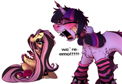 Size: 1567x1080 | Tagged: safe, artist:wacky-skiff, imported from derpibooru, fluttershy, twilight sparkle, pegasus, pony, unicorn, bandaid, chest fluff, choker, clothes, duo, ear piercing, emo, emo twilight, emoshy, eyes closed, eyeshadow, floppy ears, hello kitty, horn, horn jewelry, horn ring, jewelry, leg warmers, lip piercing, makeup, nose piercing, open mouth, piercing, ring, simple background, socks, spiked choker, spiked wristband, striped socks, unicorn twilight, we're emo, white background, wristband