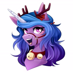 Size: 2953x2953 | Tagged: safe, artist:buvanybu, imported from derpibooru, izzy moonbow, pony, unicorn, antlers, bell, bell collar, bust, collar, g5, halter, open mouth, open smile, portrait, reindeer antlers, simple background, smiling, solo, tack, white background