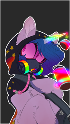 Size: 1080x1920 | Tagged: safe, artist:wacky-skiff, imported from derpibooru, izzy moonbow, pony, unicorn, spoiler:g5, spoiler:my little pony: tell your tale, spoiler:tyts01e34, bag, clothes, coat, cute, female, g5, gas mask, glowing, glowing horn, high res, hood, horn, izzybetes, levitation, magic, mare, mask, my little pony: tell your tale, sneaksy, sneaksy strikes again, solo, spray paint, telekinesis
