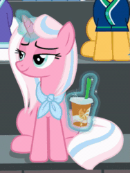 Size: 391x521 | Tagged: safe, edit, edited screencap, imported from derpibooru, screencap, clear sky, pony, unicorn, common ground, animated, cropped, cup, drinking straw, female, gif, magic, mare, sitting, smug, smug smile, solo focus, telekinesis