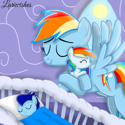 Size: 1000x1000 | Tagged: safe, artist:mlplary6, imported from derpibooru, rainbow dash, oc, oc:blue skies, oc:speedy dash, pegasus, pony, baby, carrying, colt, eyes closed, female, filly, flying, foal, male, mare, momma dash, mother and child, mother and daughter, mother and son, motherly love, offspring, parent:rainbow dash, parent:soarin', parents:soarindash, siblings, sleeping, smiling, twins