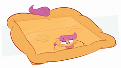 Size: 1851x1033 | Tagged: safe, artist:secretgoombaman12345, imported from derpibooru, scootaloo, pegasus, pony, abstract background, blush sticker, blushing, cartoon physics, female, flattened, puffy cheeks, shape change, solo, squashed, sweat, sweatdrop, swirly eyes, tongue out, wat