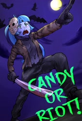 Size: 2159x3198 | Tagged: safe, artist:amazingpuffhair, imported from derpibooru, sonata dusk, human, equestria girls, clothes, costume, female, friday the 13th, halloween, hockey mask, holiday, jason voorhees, machete, mask, open mouth, solo