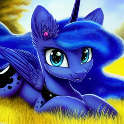 Size: 1024x1024 | Tagged: safe, editor:dovakkins, imported from derpibooru, princess luna, alicorn, pony, ai content, ai generated, beautiful, cute, ear fluff, female, generator:stable diffusion, grass, jewelry, lunabetes, lying down, mare, missing accessory, peytral, prone, smiling, solo