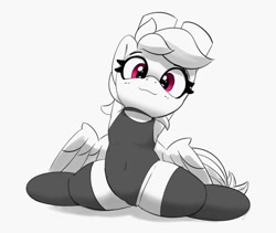 Size: 1263x1066 | Tagged: safe, artist:pabbley, imported from derpibooru, rainbow dash, pegasus, pony, armpits, clothes, cute, dashabetes, female, flexible, leotard, mare, partial color, sexy, simple background, solo, stockings, stupid sexy rainbow dash, thigh highs, white background