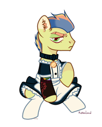 Size: 1200x1498 | Tagged: safe, artist:c1trine, imported from derpibooru, oc, oc only, oc:wonder apple, earth pony, pony, icey-verse, clothes, collar, commission, ear piercing, earring, jewelry, lip piercing, magical gay spawn, maid, male, multicolored hair, offspring, parent:braeburn, parent:soarin', parents:soarburn, piercing, simple background, sitting, snake bites, socks, solo, stallion, stockings, tattoo, thigh highs, transparent background, unamused, ych result