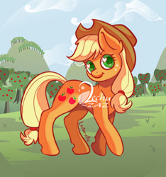 Size: 500x535 | Tagged: safe, artist:lechu-zaz, imported from derpibooru, applejack, earth pony, pony, apple, cowboy hat, cute, female, food, hat, heart, heart eyes, jackabetes, mare, obtrusive watermark, slim, solo, sweet apple acres, watermark, wingding eyes