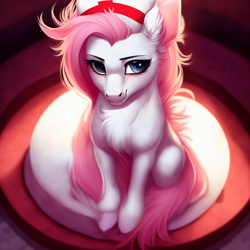 Size: 1536x1536 | Tagged: safe, edit, editor:epsilonwolf, imported from derpibooru, nurse redheart, earth pony, pony, chest fluff, cute, ear fluff, female, flowing mane, fluffy mane, hat, hooves, looking at you, looking up, machine learning generated, majestic, nurse hat, purplesmart.ai, sitting, smiling, smiling at you, solo, stable diffusion