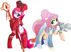 Size: 1236x911 | Tagged: safe, artist:solid shrimp, imported from derpibooru, bird, earth pony, owl, pegasus, pony, boots, clothes, crossover, dress, duo, female, sally whitemane, shoes, simple background, socks, staff, tyrande whisperwind, warcraft, white background