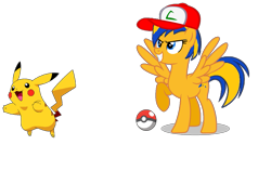 Size: 1207x764 | Tagged: safe, artist:mlpfan3991, imported from derpibooru, oc, oc:flare spark, pegasus, pikachu, pony, ash ketchum, cap, female, hat, poké ball, pokémon, simple background, song in the description, transparent background