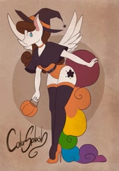 Size: 1423x2048 | Tagged: safe, artist:mscolorsplash, imported from derpibooru, oc, oc only, oc:color splash, anthro, pegasus, clothes, costume, female, halloween, halloween costume, hat, high heels, holiday, leotard, mare, pumpkin bucket, shoes, socks, solo, spread wings, stockings, thigh highs, wings, witch costume, witch hat
