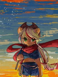 Size: 1620x2160 | Tagged: safe, artist:lendftcn, imported from derpibooru, applejack, anthro, earth pony, semi-anthro, clothes, cute, female, jackabetes, looking at you, mare, midriff, rope, scarf, solo