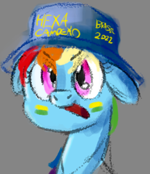 Size: 536x621 | Tagged: safe, artist:anonymous, imported from derpibooru, rainbow dash, pegasus, pony, brazil, bust, face paint, female, floppy ears, football, hat, looking at you, mare, open mouth, solo, sports, world cup