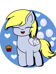 Size: 2304x3072 | Tagged: safe, artist:msbluejune, imported from derpibooru, derpy hooves, pegasus, pony, colored, colored background, cute, cutie mark, eyes closed, fluffy wings, food, heart, high res, hopping, muffin, obligatory muffin, smiling, solo