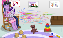 Size: 5030x3030 | Tagged: safe, artist:lynnthenerdkitty, imported from derpibooru, flash sentry, twilight sparkle, oc, oc:paddy sparkle, oc:sirius canis major, alicorn, pony, unicorn, blocks, blushing, colt, commission, diaper, drawing, foal, lego, lightsaber, male, non-baby in diaper, nursery, plushie, redraw, star wars, teddy bear, toy, weapon