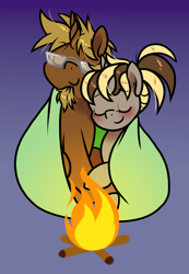 Size: 864x1252 | Tagged: safe, artist:paperbagpony, imported from derpibooru, oc, oc only, oc:tall tale, pony, unicorn, blanket, blushing, campfire, cuddling, duo, eyes closed, glasses, horn, unicorn oc