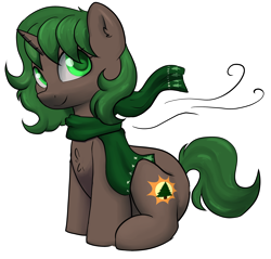Size: 2302x2200 | Tagged: safe, artist:dumbwoofer, imported from derpibooru, oc, oc:pine shine, pony, unicorn, chest fluff, clothes, ear fluff, female, horn, looking at you, mare, scarf, simple background, sitting, smiling, solo, transparent background, unicorn oc, wind