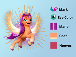 Size: 2000x1500 | Tagged: safe, artist:briarlight, imported from derpibooru, sunny starscout, alicorn, pony, artificial horn, artificial wings, augmented, cutie mark, female, g5, horn, magic, magic horn, magic wings, mare, race swap, reference sheet, solo, sunnycorn, wings