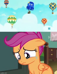 Size: 500x648 | Tagged: safe, edit, edited screencap, editor:thomas me irl, screencap, scootaloo, octopus, pegasus, pony, flight to the finish, season 4, all engines go, bed, bedroom, cloud, crying, drawers, dresser, duo male and female, hot air balloon, imgflip, meme, percy the small engine, reaction, reaction image, sky, sniffling, tears of pain, thomas and friends, thomas and friends all engines go, thomas and friends: all engines go, thomas and friends: all engines go!