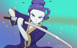 Size: 1200x760 | Tagged: safe, artist:empyu, imported from derpibooru, rarity, human, equestria girls, 30 minute art challenge, alternate hairstyle, anime, clothes, female, gradient background, katana, looking at you, samurai, simple background, solo, sword, weapon