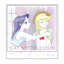 Size: 2491x2486 | Tagged: safe, artist:yey_17, imported from derpibooru, applejack, rarity, equestria girls, cowboy hat, duo, female, hat, homophobia, lesbian, meme, one sided shipping, rarijack, shipping, stetson