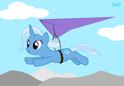 Size: 4478x3118 | Tagged: safe, artist:ironm17, imported from derpibooru, trixie, pony, unicorn, female, hang glider, hang gliding, high res, mare, smiling, solo