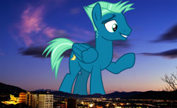 Size: 2047x1254 | Tagged: safe, artist:limedazzle, imported from derpibooru, sky stinger, pegasus, pony, folded wings, giant pegasus, giant pony, highrise ponies, irl, italy, macro, male, mega giant, mountain, mountain range, photo, ponies in real life, raised hoof, sala consilina, smiling, solo, stallion, wings