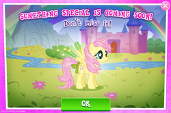 Size: 1957x1298 | Tagged: safe, imported from derpibooru, fluttershy, pegasus, pony, bow, coming soon, english, event, female, gameloft, mare, official, ribbon, solo, spread wings, tail, tail bow, text, wings