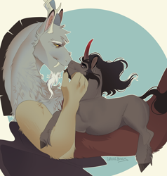 Size: 974x1024 | Tagged: safe, artist:ghoulhowls, imported from derpibooru, discord, king sombra, draconequus, horse, pony, umbrum, unicorn, antlers, boop, circle, duo, gay, handsome, horn, interspecies, kiss, kissing, looking at each other, looking at someone, lying down, male, nose kiss, noseboop, on back, outline, reformed sombra, shipping, sitting on person, smiling, smirk, sombracord, stallion, stupid sexy sombra, touching face, white outline