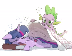 Size: 2724x2121 | Tagged: safe, artist:fuyugi, imported from derpibooru, spike, twilight sparkle, alicorn, dragon, pony, blanket, book, cup, duo, one eye closed, open mouth, simple background, sleeping, teacup, tucking in, twilight sparkle (alicorn), white background