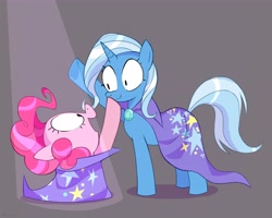 Size: 4096x3277 | Tagged: safe, artist:lentin, imported from derpibooru, pinkie pie, trixie, earth pony, pony, unicorn, boop, clothes, hat, magic trick, scrunchy face, spotlight, surprised, trixie's hat, wide eyes