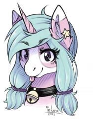 Size: 1199x1594 | Tagged: safe, artist:inlaru, imported from derpibooru, oc, oc only, oc:carttonik, pony, unicorn, bell, bell collar, bust, collar, digital art, happy, horn, portrait, simple background, solo, stars, tongue out, unicorn oc, white background