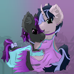 Size: 3000x3000 | Tagged: safe, artist:spiroudada, imported from derpibooru, oc, oc only, pegasus, pony, unicorn, bow, clothes, collar, crossdressing, cute, dress, duo, hug, male, sexy, simple background, stallion