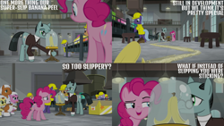 Size: 4400x2475 | Tagged: safe, edit, edited screencap, editor:quoterific, imported from derpibooru, screencap, lavender flask, lemon honey, pinkie pie, sans smirk, earth pony, pony, the last laugh, banana peel