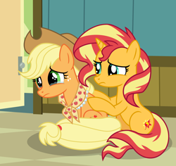 Size: 6012x5664 | Tagged: safe, artist:emeraldblast63, imported from derpibooru, applejack, sunset shimmer, earth pony, pony, unicorn, comic:the tale of two sunsets, comforting, crying, hoof on shoulder, implied death, implied granny smith, shawl, story included