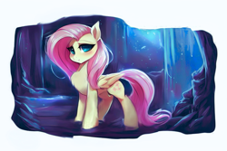 Size: 1401x938 | Tagged: safe, editor:craft, imported from derpibooru, fluttershy, pegasus, pony, ai content, ai generated, blushing, cave, chest fluff, female, generator:stable diffusion, looking at you, mare, slim, solo, sternocleidomastoid, thin