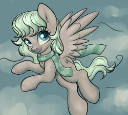 Size: 1902x1723 | Tagged: safe, artist:dumbwoofer, imported from derpibooru, oc, oc:forest air, pegasus, pony, chest fluff, clothes, cloud, cloudy, ear fluff, female, flying, looking at you, mare, scarf, sky, sky background, smiling, solo