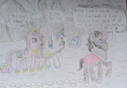 Size: 677x468 | Tagged: safe, artist:mr.myoozik, derpibooru exclusive, imported from derpibooru, king sombra, princess cadance, shining armor, alicorn, pony, unicorn, the crystal empire, angry, annoyed, armor, bad end, bite mark, blondie, captured, chains, cloud, crown, crystal, crystal heart, dark clouds, eyes closed, female, folded wings, footprint, gag, heart of glass (song), horn, jewelry, levitation, magic, magic suppression, male, mare, mountain, mountain range, muzzle gag, purple eyes, regalia, sad, sharp teeth, singing, slave, snow, song reference, speech bubble, stallion, teeth, telekinesis, text, the crystal empire 10th anniversary, thought bubble, traditional art, walking, wings